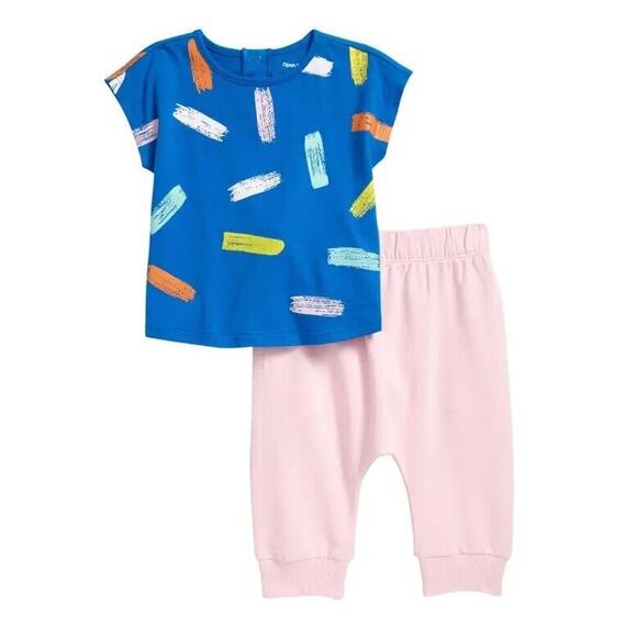 Open Edit Baby Girl Cotton Blue Azure Multi Strokes Graphic Tee / Jogger Set 3M - Picture 1 of 1